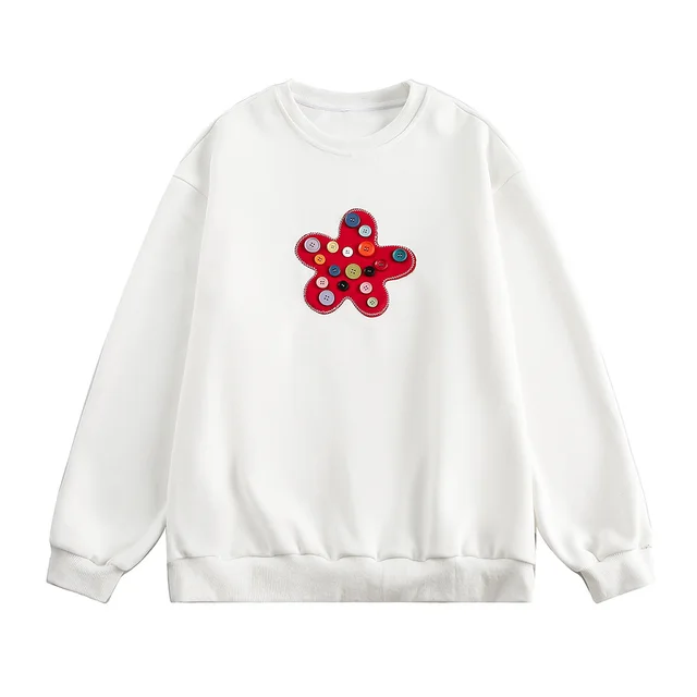 Flower Patch Loose Round Neck Sweater White - Shop at LoveMi