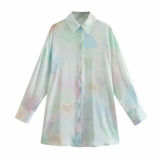 European And American New Women's Clothes Loose Fashion Tie dyed Silk Satin Texture Casual Shirt Green - Shop at LoveMi