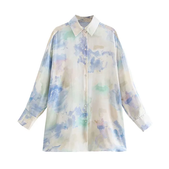 European And American New Women's Clothes Loose Fashion Tie dyed Silk Satin Texture Casual Shirt Purple - Shop at LoveMi