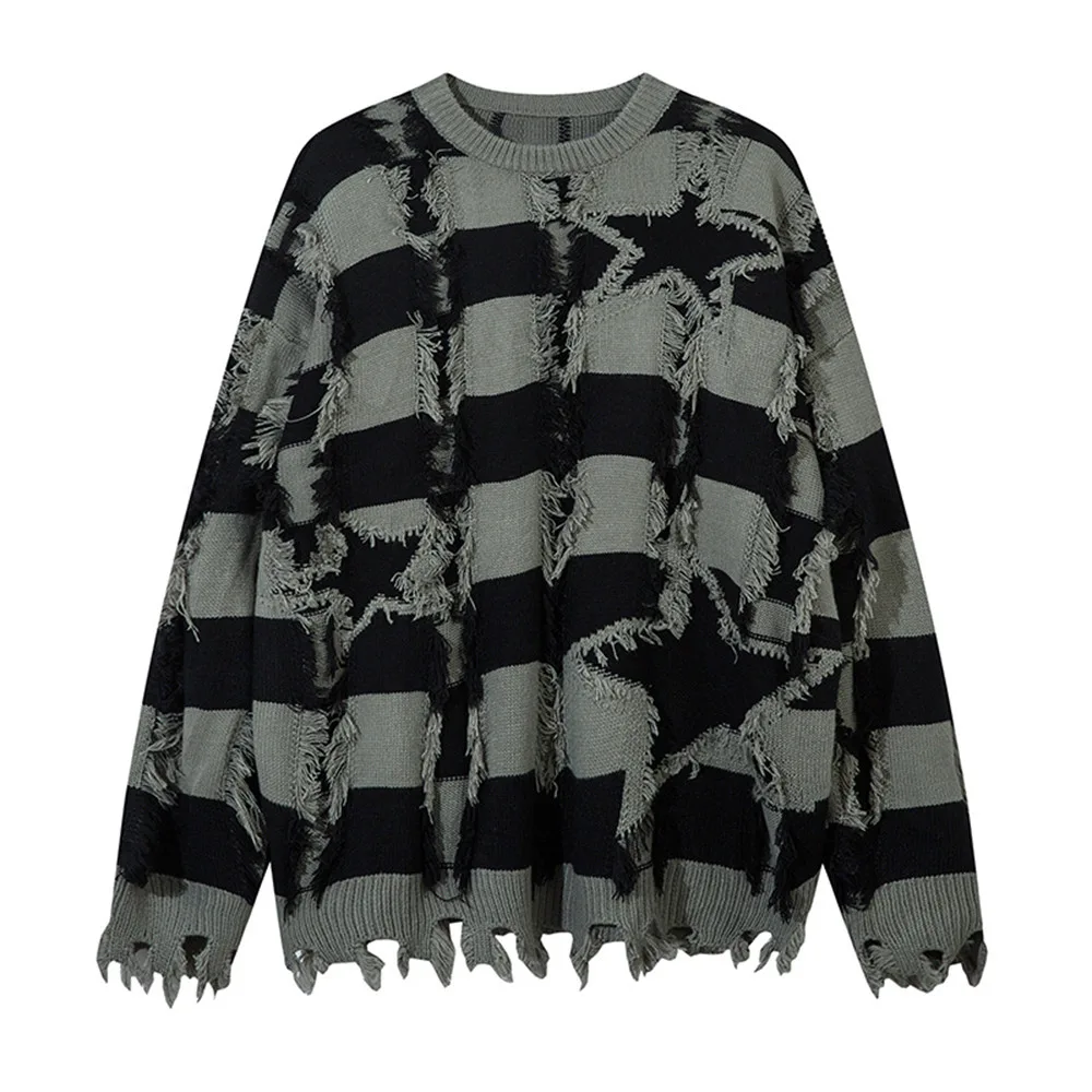 Loose Striped Ripped Round Neck Sweater Black - Shop at LoveMi