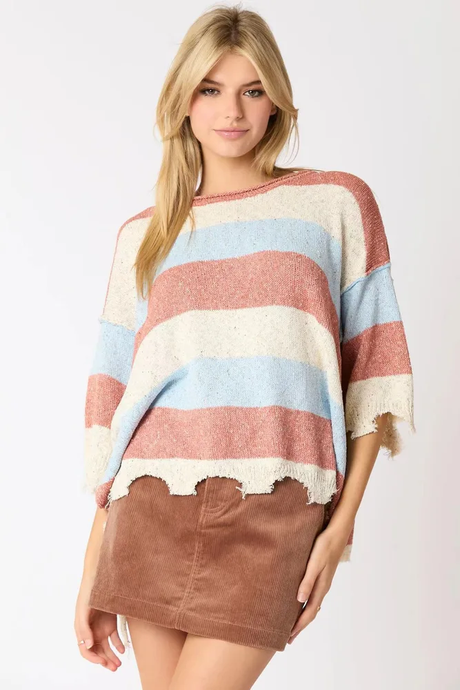 Women's Multi color Stripe Contrast Color Short sleeved Shirt Knitted Sweater Light Blue - Shop at LoveMi