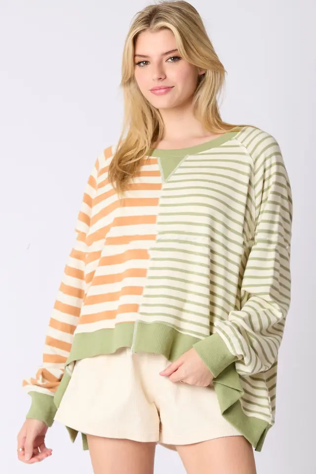 Women's Round Neck Multicolor Striped Long sleeved Top Sweater Brown And Green Stripes - Shop at LoveMi