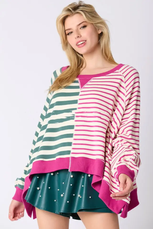 Women's Round Neck Multicolor Striped Long sleeved Top Sweater Pink And Blue Stripe - Shop at LoveMi