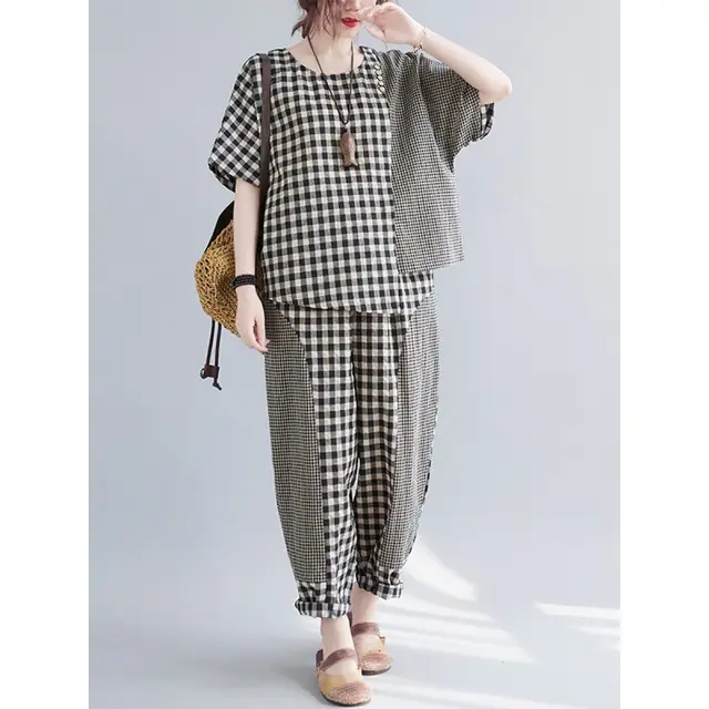 Short sleeved Top Plus Size Cotton And Linen Trousers Two piece Set Large Plaid - Shop at LoveMi