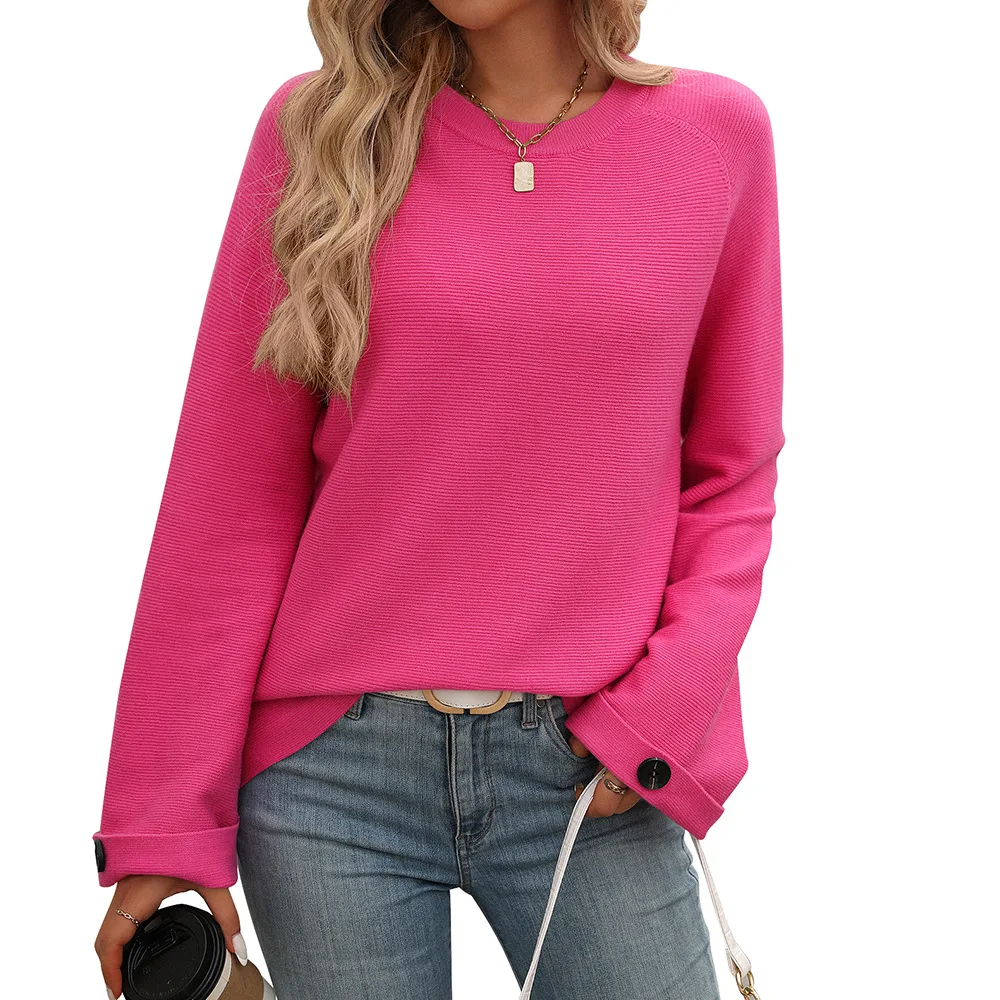 Women's Round Neck Button Cored Yarn Long Sleeve Sweater Rose Red - Shop at LoveMi
