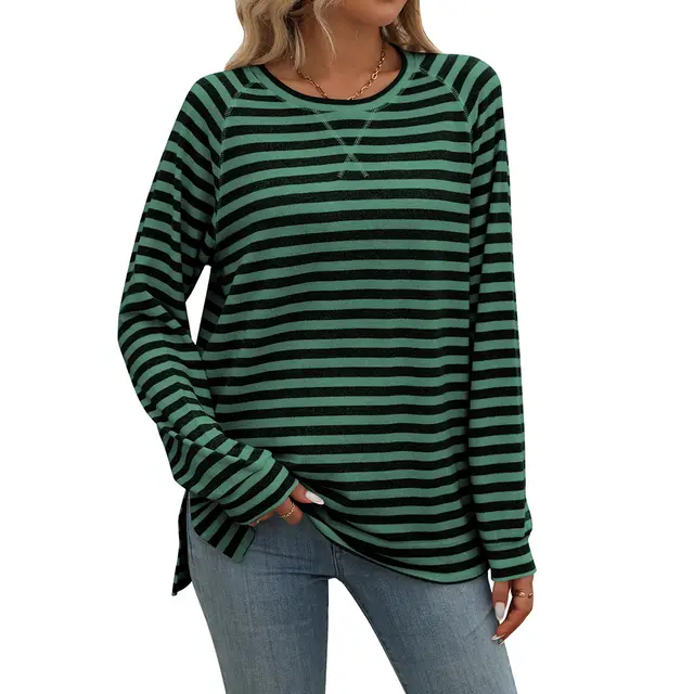 Striped Contrast Color Round Neck Long Sleeve Loose fitting T shirt Top Green - Shop at LoveMi
