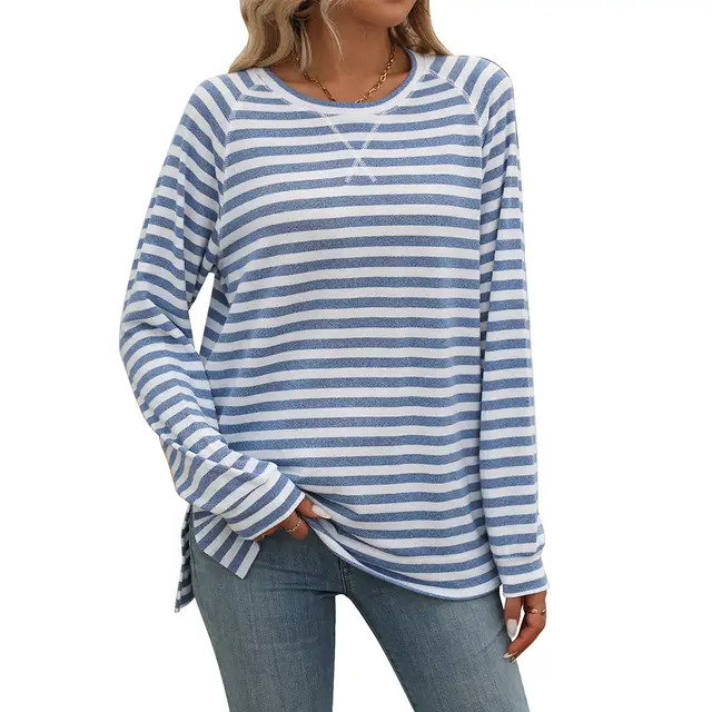 Striped Contrast Color Round Neck Long Sleeve Loose fitting T shirt Top Light Blue - Shop at LoveMi