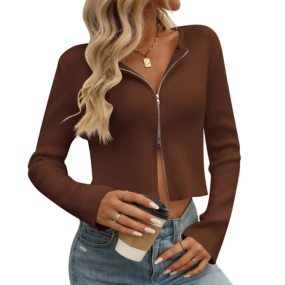 Women's Solid Color Long Sleeve Zipper Cardigan Sweater Brown - Shop at LoveMi