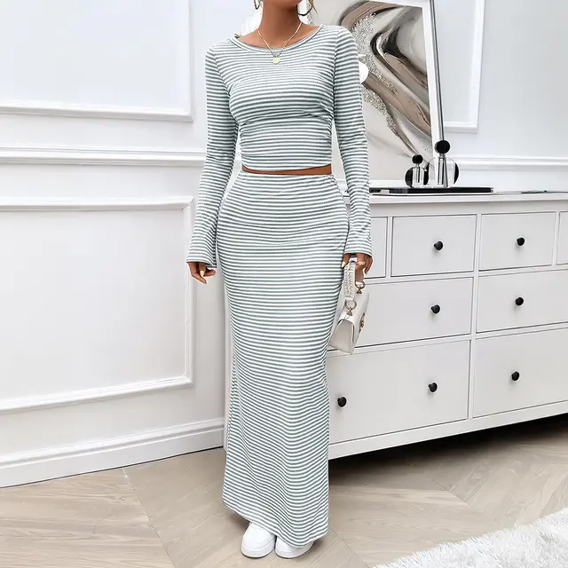 Women's Clothing Casual Contrast Color Striped Knitted Long sleeved Dress Suit Gray - Shop at LoveMi