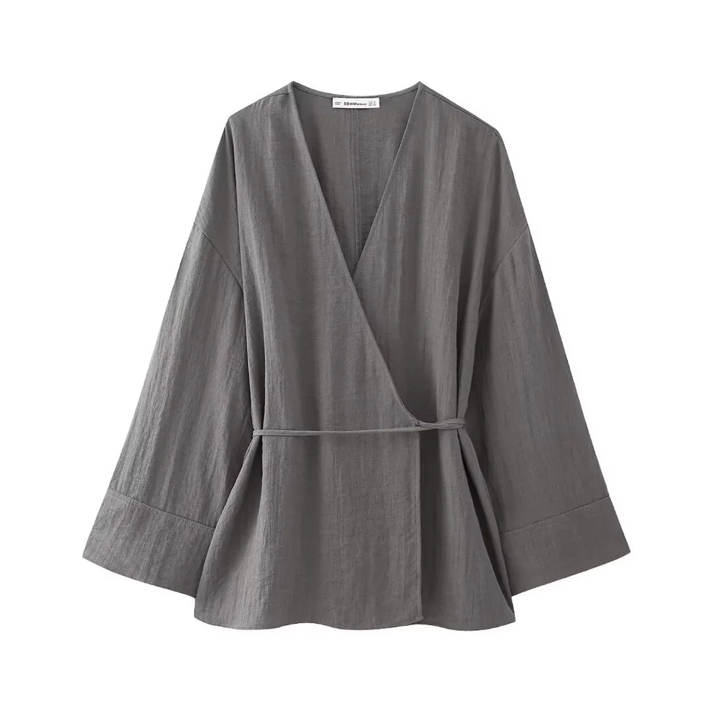 Casual Loose Tied Pajamas Trousers Suit - Gray Top