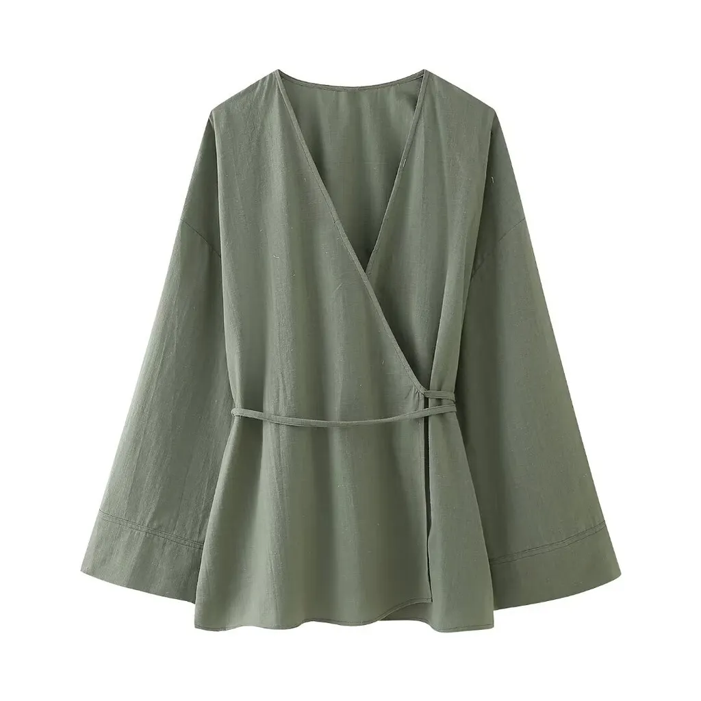 Casual Loose Tied Pajamas Trousers Suit - Green Top