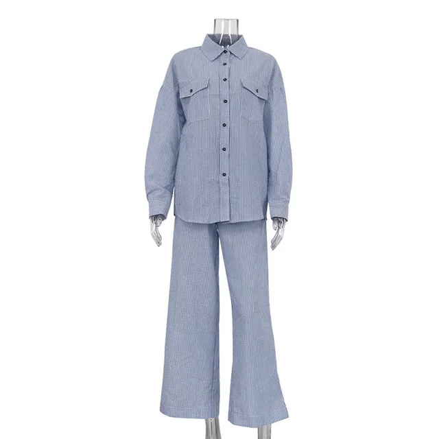 Blue Striped Lapel Shirt Long Sleeve Wide Leg Pants Suit Dark Blue - Shop at LoveMi