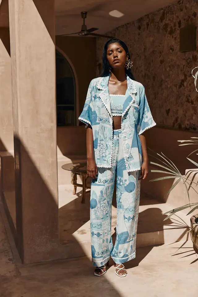 New Casual Printed Shirt Trousers Suit Light Blue - Shop at LoveMi
