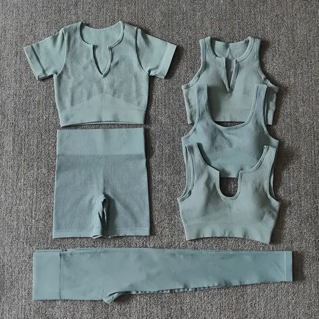 Popular Seamless Sports Shorts Workout Clothes Cross border Yoga Six piece Set Gray Blue Six Pieces - Shop at LoveMi