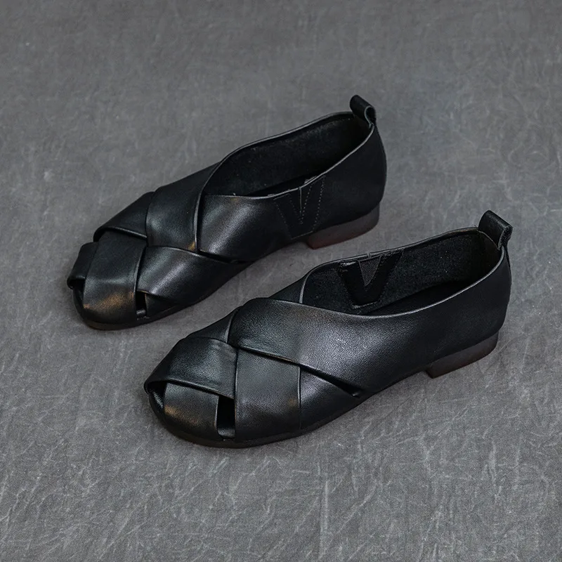 Women's First Layer Cowhide Bag Heel Flat Heel Soft Surface Hollow out Artistic Simple Sandals Black - Shop at LoveMi