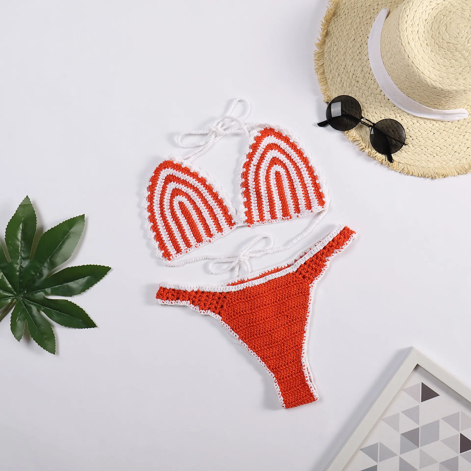 Beach Bikini Striped Color Matching Sexy Lace-up Backless Hand Crocheting Split Swimsuit Suit - Bright Orange - View 1