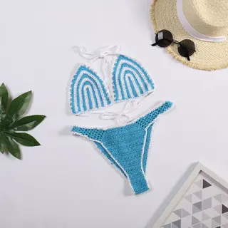 Beach Bikini Striped Color Matching Sexy Lace-up Backless Hand Crocheting Split Swimsuit Suit - Sky Blue