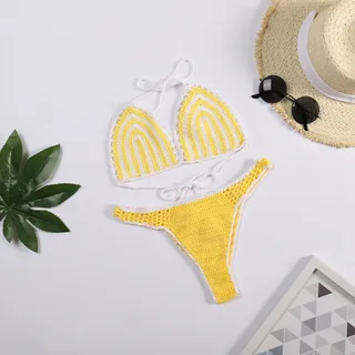 Beach Bikini Striped Color Matching Sexy Lace-up Backless Hand Crocheting Split Swimsuit Suit - Yellow