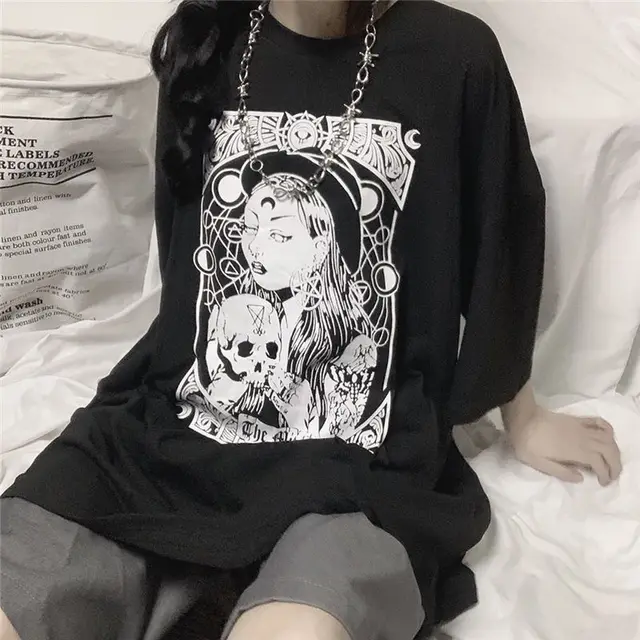 Fashion Brand Dark Printing Loose Crew Neck Top Black - Shop at LoveMi