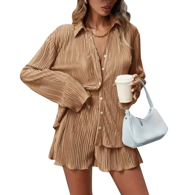 Casual Solid Color Pleated Lapel Long Sleeve Shorts Suit Khaki - Shop at LoveMi