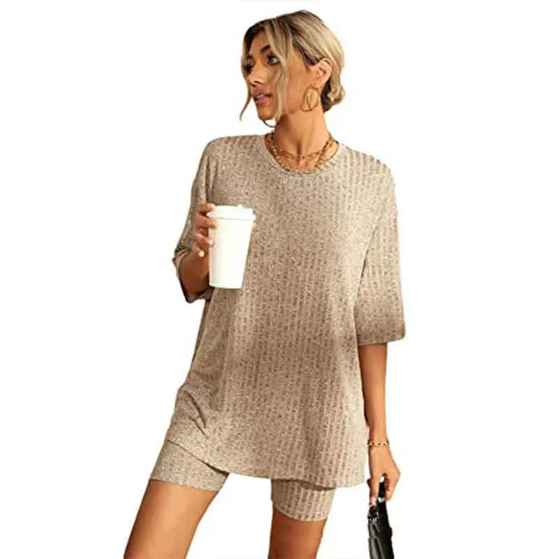 Women's Ribbed Short-sleeved Drop-shoulder Shorts Suit - Beige