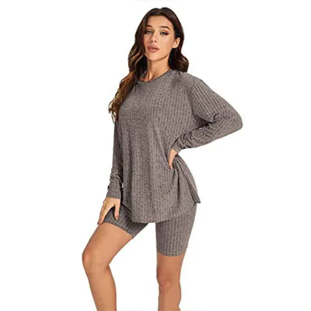 Women's Ribbed Short sleeved Drop shoulder Shorts Suit Gray - Shop at LoveMi