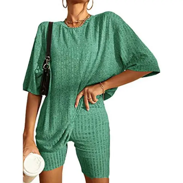 Women's Ribbed Short sleeved Drop shoulder Shorts Suit Green - Shop at LoveMi