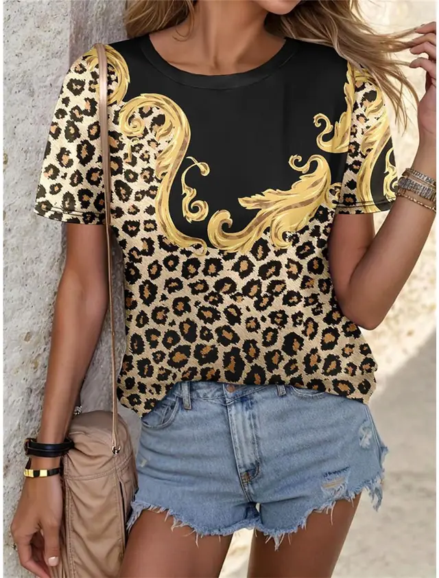 Leopard Print Plus Size Women's 3D Round Neck T shirt 3E5Z4Ds - Shop at LoveMi