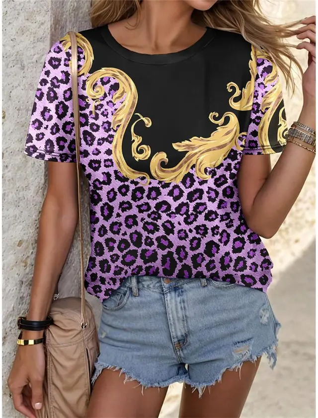 Leopard Print Plus Size Women's 3D Round Neck T shirt 3E5Z4Du - Shop at LoveMi