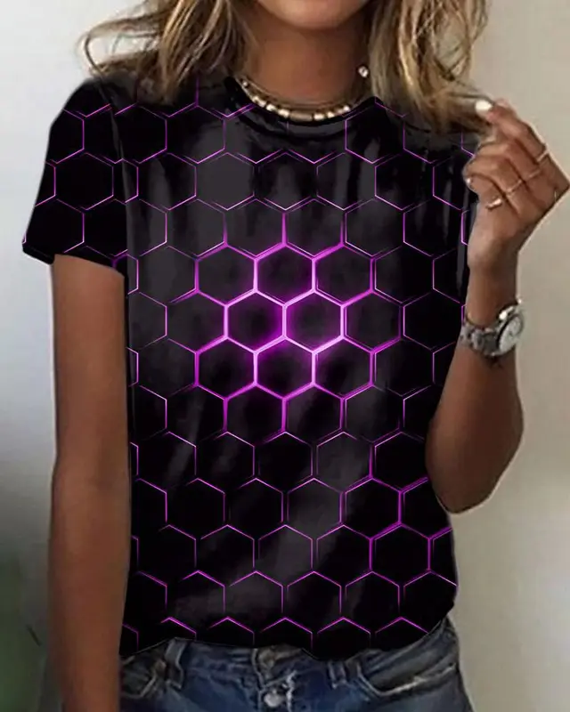3D Printed Loose Round Neck Short Sleeve T shirt Top F169P153 - Shop at LoveMi