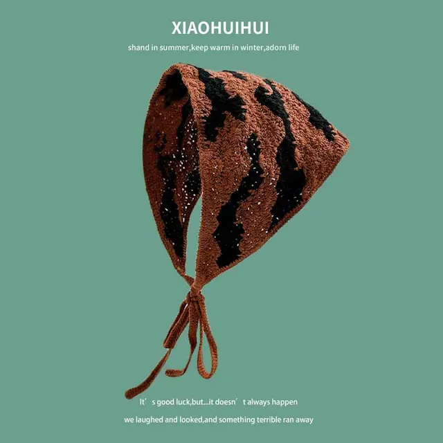 Knitted Hollow Triangular Scarf French Retro Headscarf Brown Zebra Stripes - Shop at LoveMi