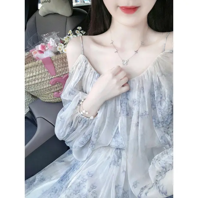 Floral Fairy Dress Design Sense Off the shoulder Strap Top Suit Blue - Shop at LoveMi