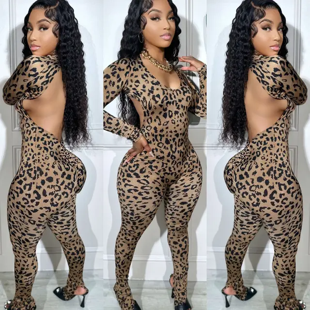 European And American Women's Clothing Casual Leopard Print Jumpsuit Dark Brown Leopard Print - Shop at LoveMi