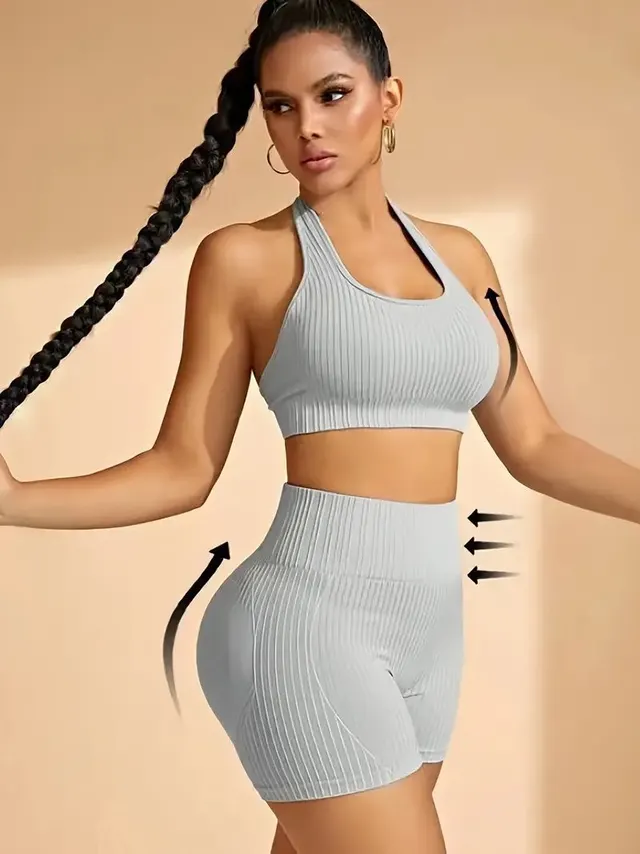 Seamless Knitted Beauty Back Sling Halter Bra Shorts Two piece Set Light Blue - Shop at LoveMi