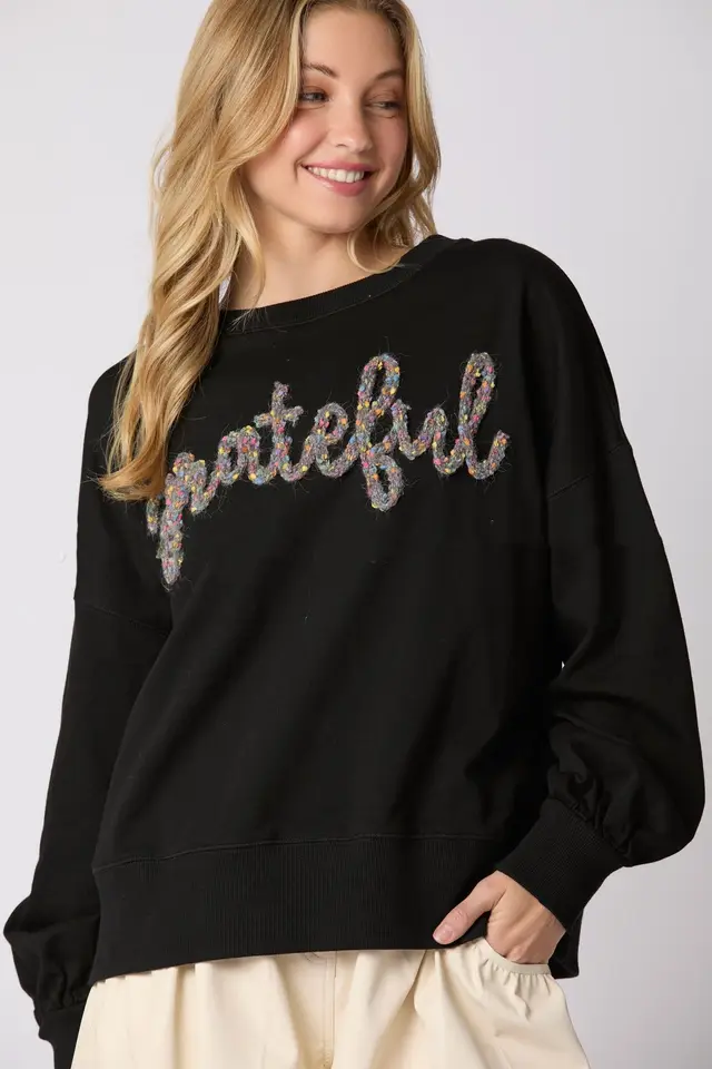 Women's Thanksgiving Alphabet Embroidery Sweater Loose Casual Top Black - Shop at LoveMi