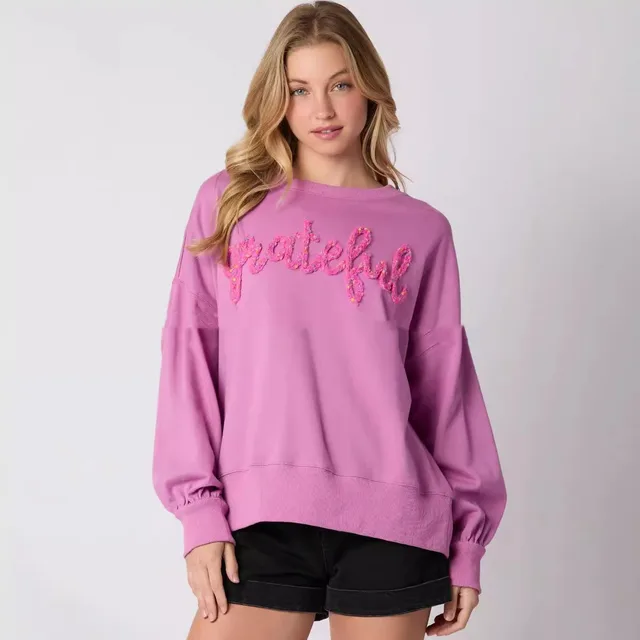 Women's Thanksgiving Alphabet Embroidery Sweater Loose Casual Top Purple - Shop at LoveMi