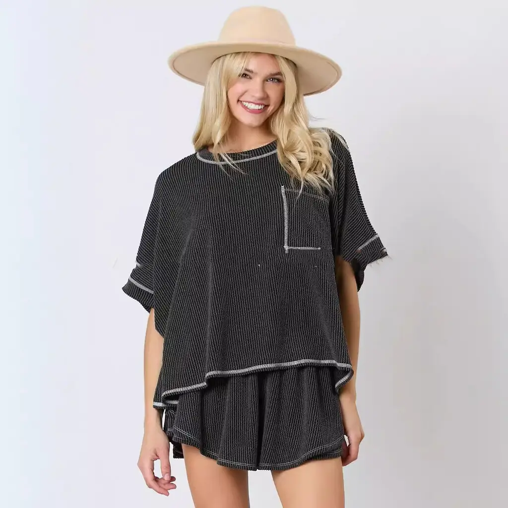 Short Sleeve Two-piece Thread Knitted Round Neck Homewear - Black