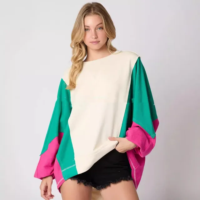 Women's Contrast Color Long Sleeve Round Neck Top Casual Loose Sweatshirt Green And White - Shop at LoveMi