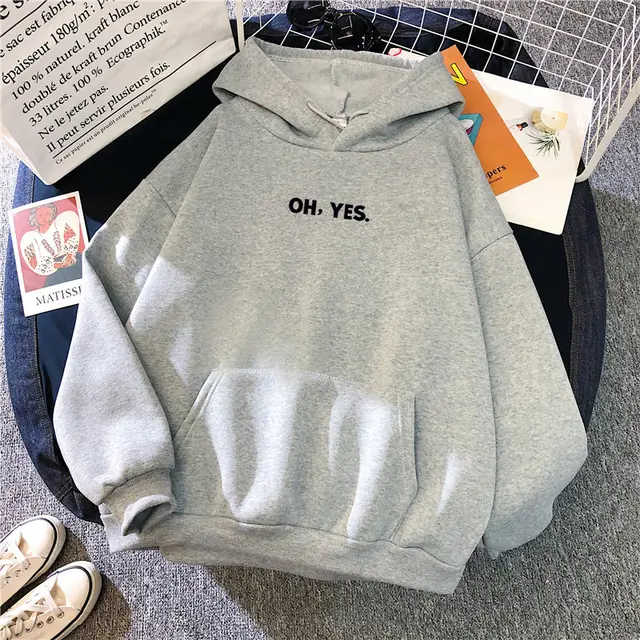 Women's Simple And Loose Oh Yes Printed Hooded Sweatshirt Gray - Shop at LoveMi
