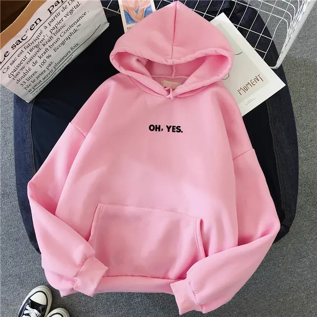 Women's Simple And Loose Oh Yes Printed Hooded Sweatshirt Pink - Shop at LoveMi
