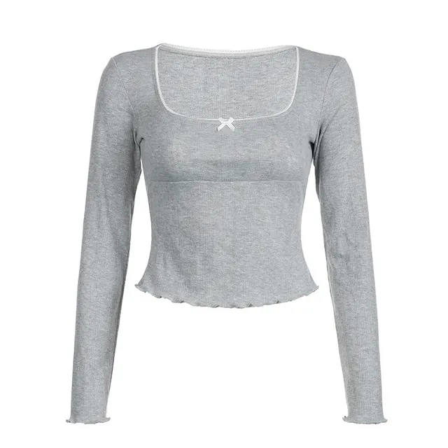Solid Color Square Collar Women's Long sleeved T shirt Bow Top Gray - Shop at LoveMi