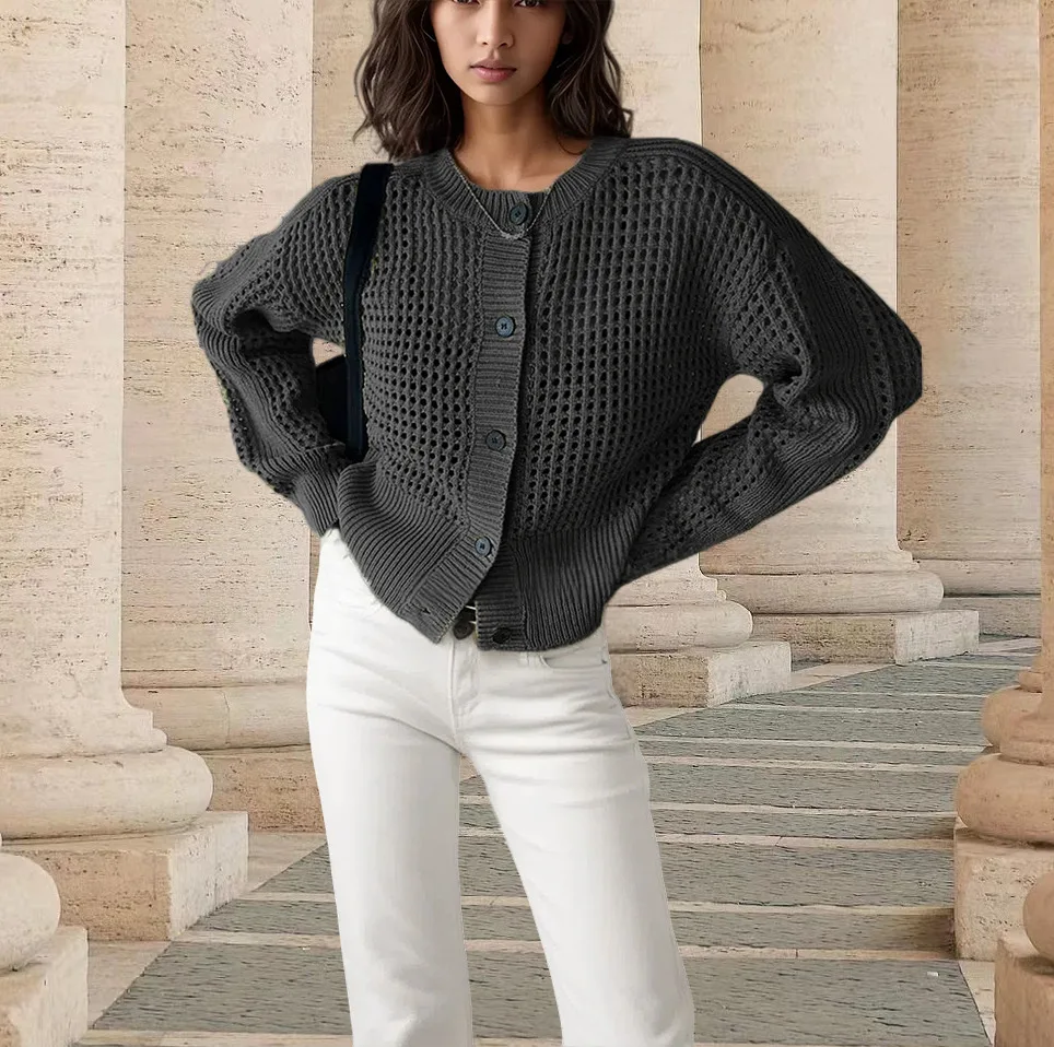 High grade Round Neck Hollow out Knitted Cardigan Design Sweater Black - Shop at LoveMi