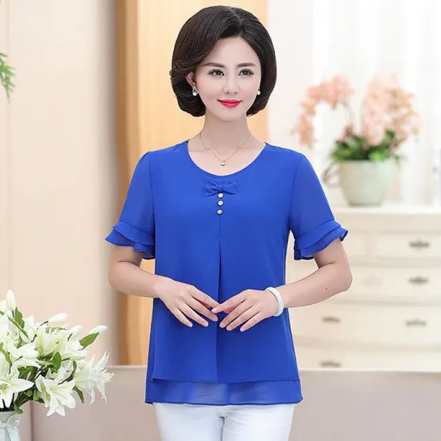 Mom Summer Clothes Chiffon Small Shirt Plus Size Loose Blue - Shop at LoveMi