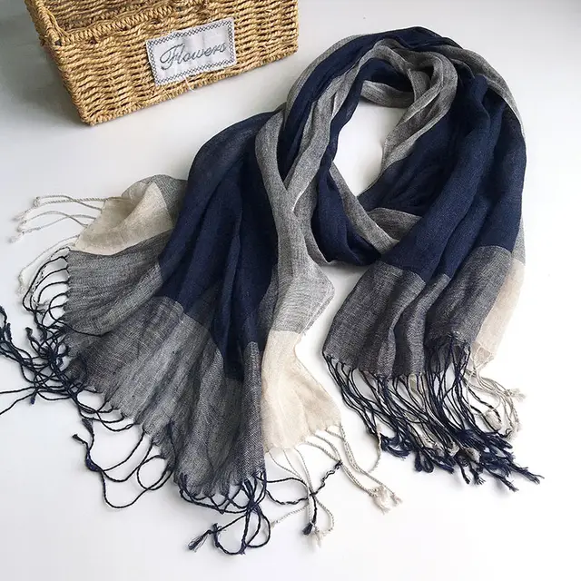 Cotton And Linen Scarf Women's Artistic Shawl Long Four Seasons Warm Dark Blue Linen - Shop at LoveMi