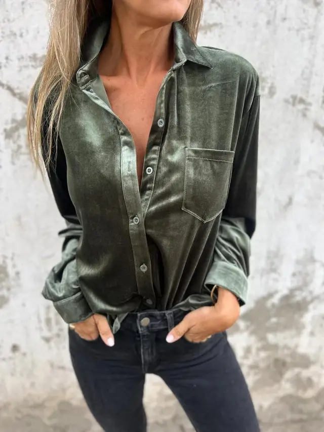 Women's Velvet Long sleeved Single breasted Shirt Casual Lapel Long Sleeve Solid Color Tops Daily Wear Army Green - Shop at LoveMi
