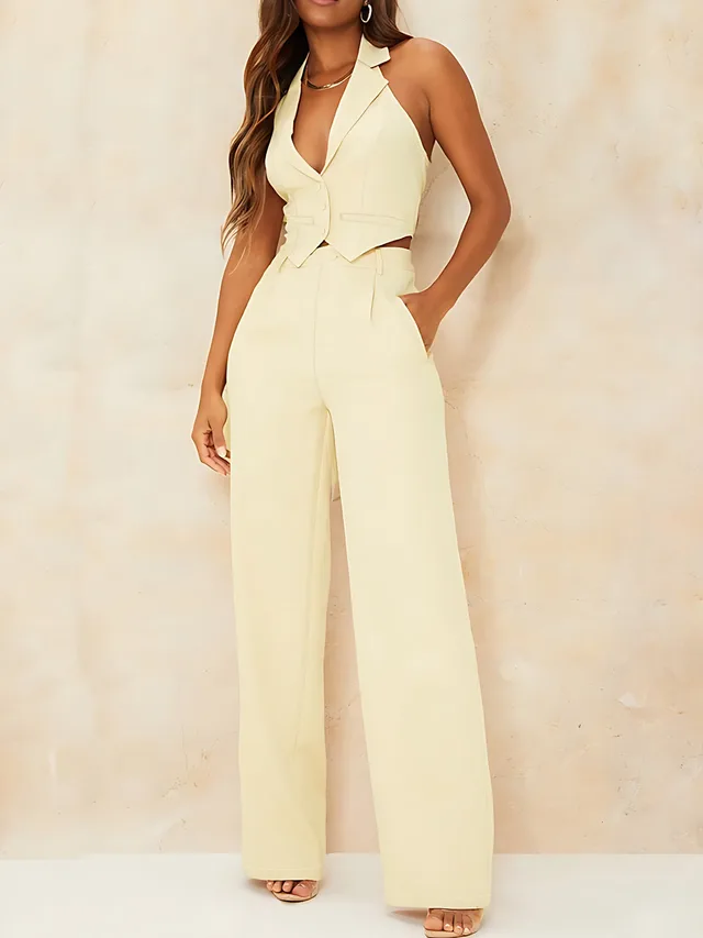 Niche Women's Asymmetric Collar Halter Vest Suit Casual Trousers Two piece Set Beige - Shop at LoveMi