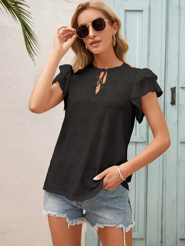 Women's Crocheted Flower Hollow Out Tied Round Neck Ruffle Sleeve T shirt Black - Shop at LoveMi