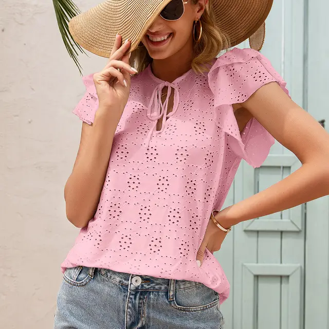 Women's Crocheted Flower Hollow Out Tied Round Neck Ruffle Sleeve T shirt Pink - Shop at LoveMi