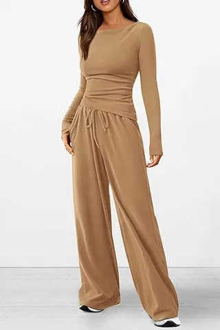 Casual Suit Asymmetric Long-sleeved T-shirt Wide-leg Pants Sportswear - Khaki