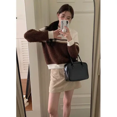 Women's Contrast Color Knit Casual Sweater Brown - Shop at LoveMi